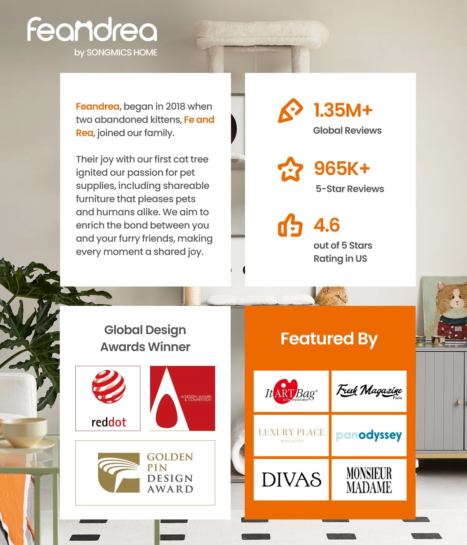 Cat Tree, 56.3-Inch Tower for Indoor Cats, Multi-Level Cat Condo with 4 Scratching Posts, 2 Perches, Hammock, Cave