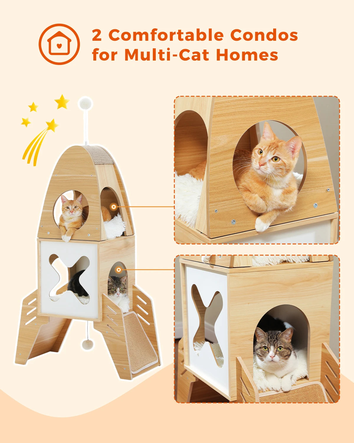 Modern Cat Tree Rocket Shape, Wooden Cat Tower Tree for Indoor Cats with Two Cat Playhouse and Two Condos Dangling Balls