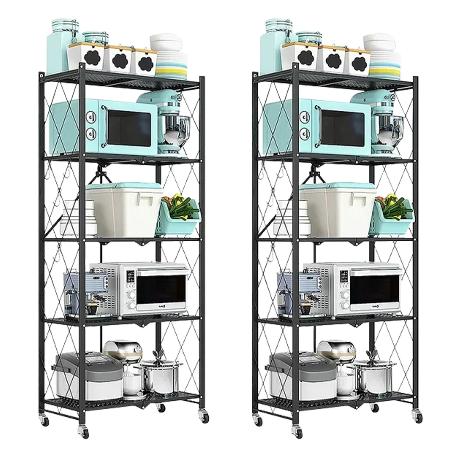 Storage Shelving 5-Tier With Wheel Unit Metal Shelf Adjustable Heavy Duty Foldable Organizer Rack for Home Kitchen Office Pantry