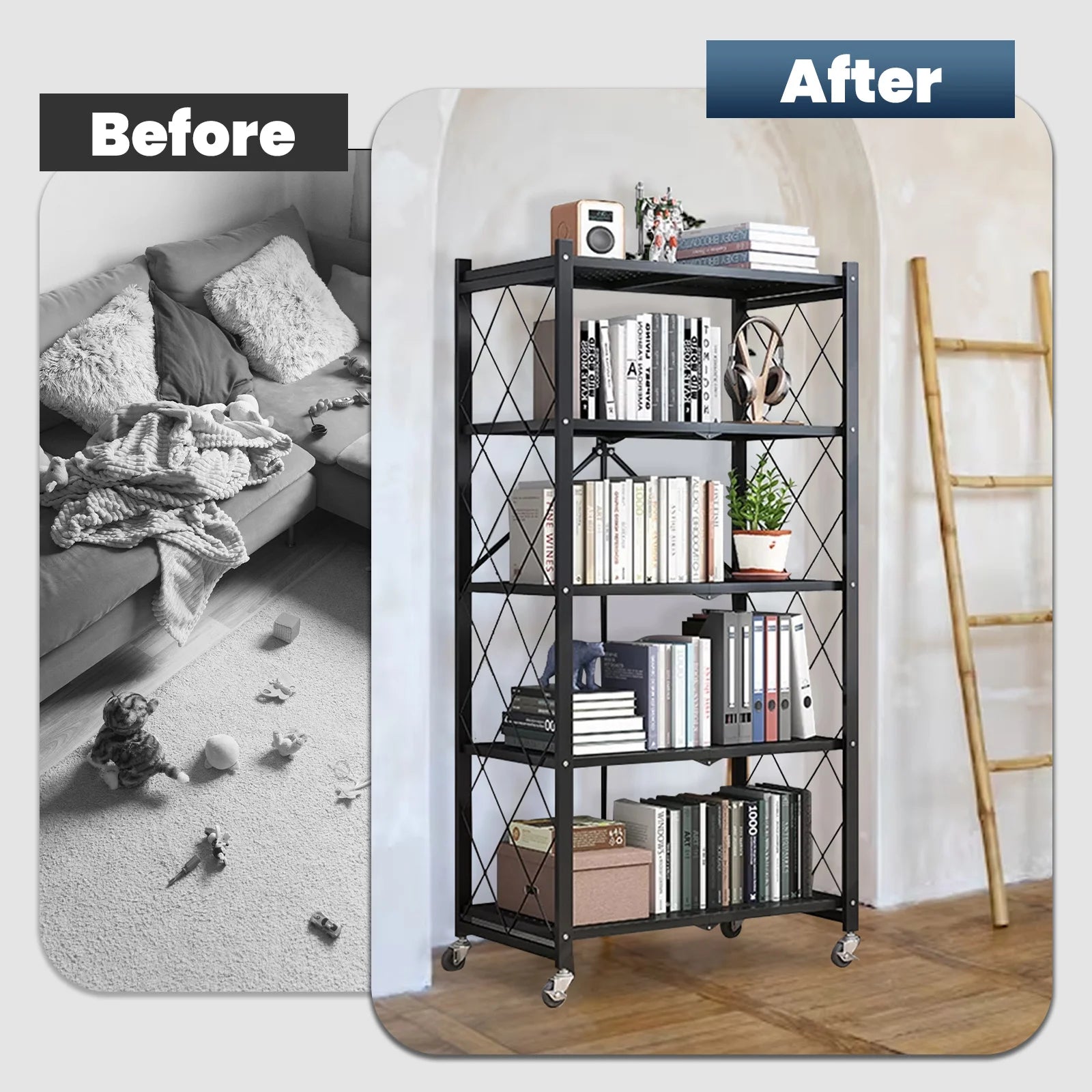 Storage Shelving 5-Tier With Wheel Unit Metal Shelf Adjustable Heavy Duty Foldable Organizer Rack for Home Kitchen Office Pantry