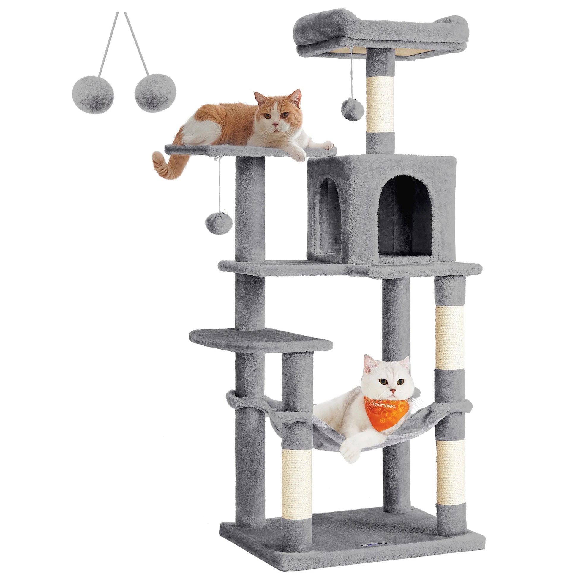 Cat Tree, 56.3-Inch Tower for Indoor Cats, Multi-Level Cat Condo with 4 Scratching Posts, 2 Perches, Hammock, Cave