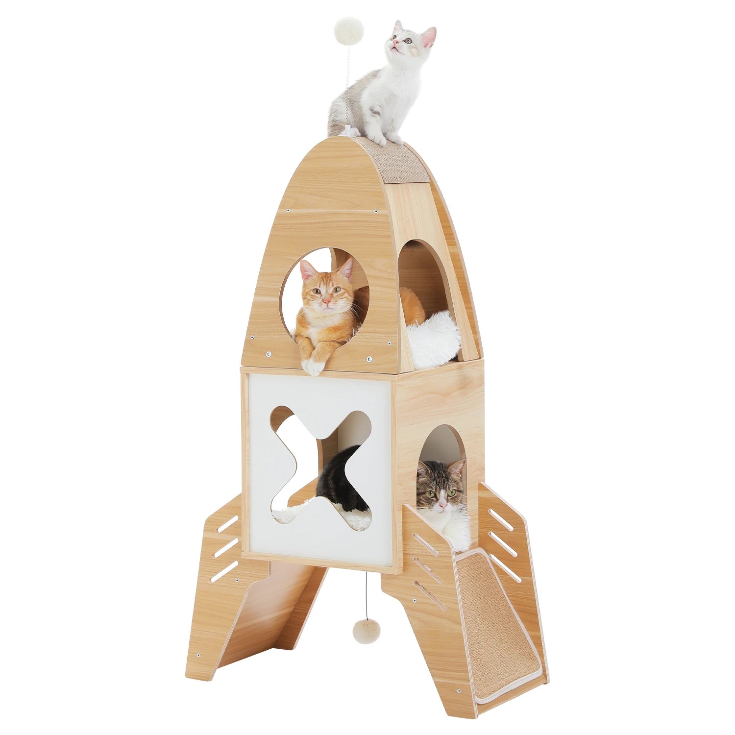 Modern Cat Tree Rocket Shape, Wooden Cat Tower Tree for Indoor Cats with Two Cat Playhouse and Two Condos Dangling Balls