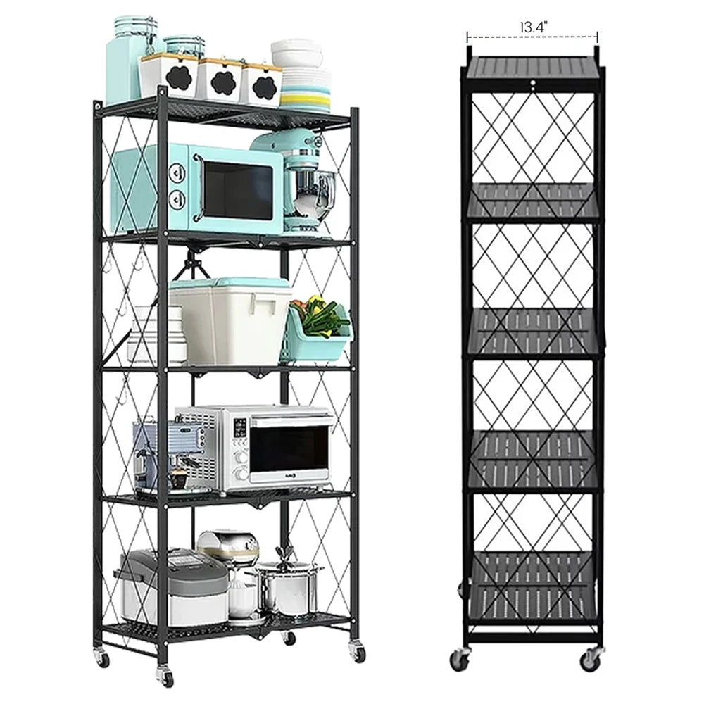 Storage Shelving 5-Tier With Wheel Unit Metal Shelf Adjustable Heavy Duty Foldable Organizer Rack for Home Kitchen Office Pantry