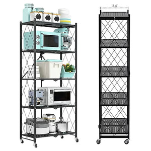 Storage Shelving 5-Tier With Wheel Unit Metal Shelf Adjustable Heavy Duty Foldable Organizer Rack for Home Kitchen Office Pantry