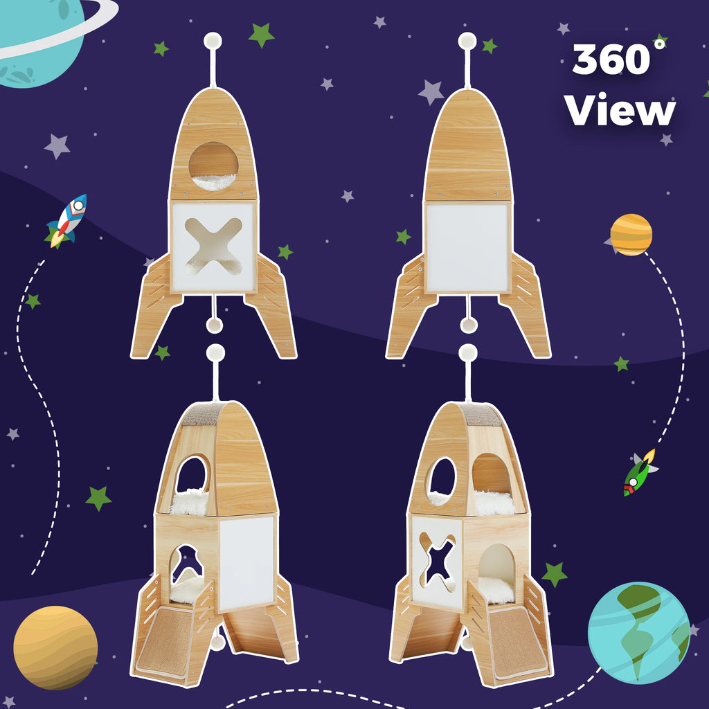 Modern Cat Tree Rocket Shape, Wooden Cat Tower Tree for Indoor Cats with Two Cat Playhouse and Two Condos Dangling Balls