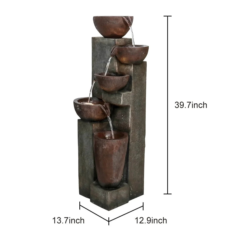 39.7in 5-tier stacked bowl water feature with LED lighting durable and relaxing outdoor decorative fountain for gardens patios.