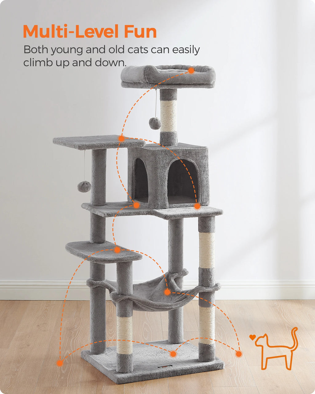 Cat Tree, 56.3-Inch Tower for Indoor Cats, Multi-Level Cat Condo with 4 Scratching Posts, 2 Perches, Hammock, Cave
