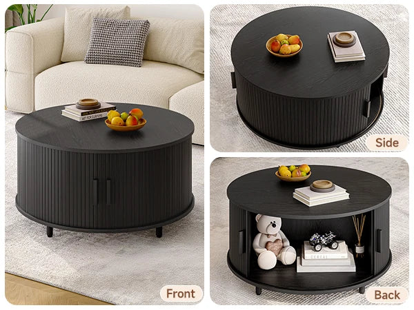 Round Coffee Table with Storage,31.5" Modern Coffee Table with 360° Curved Sliding Door,Fluted Wood Accent Coffee Tablee