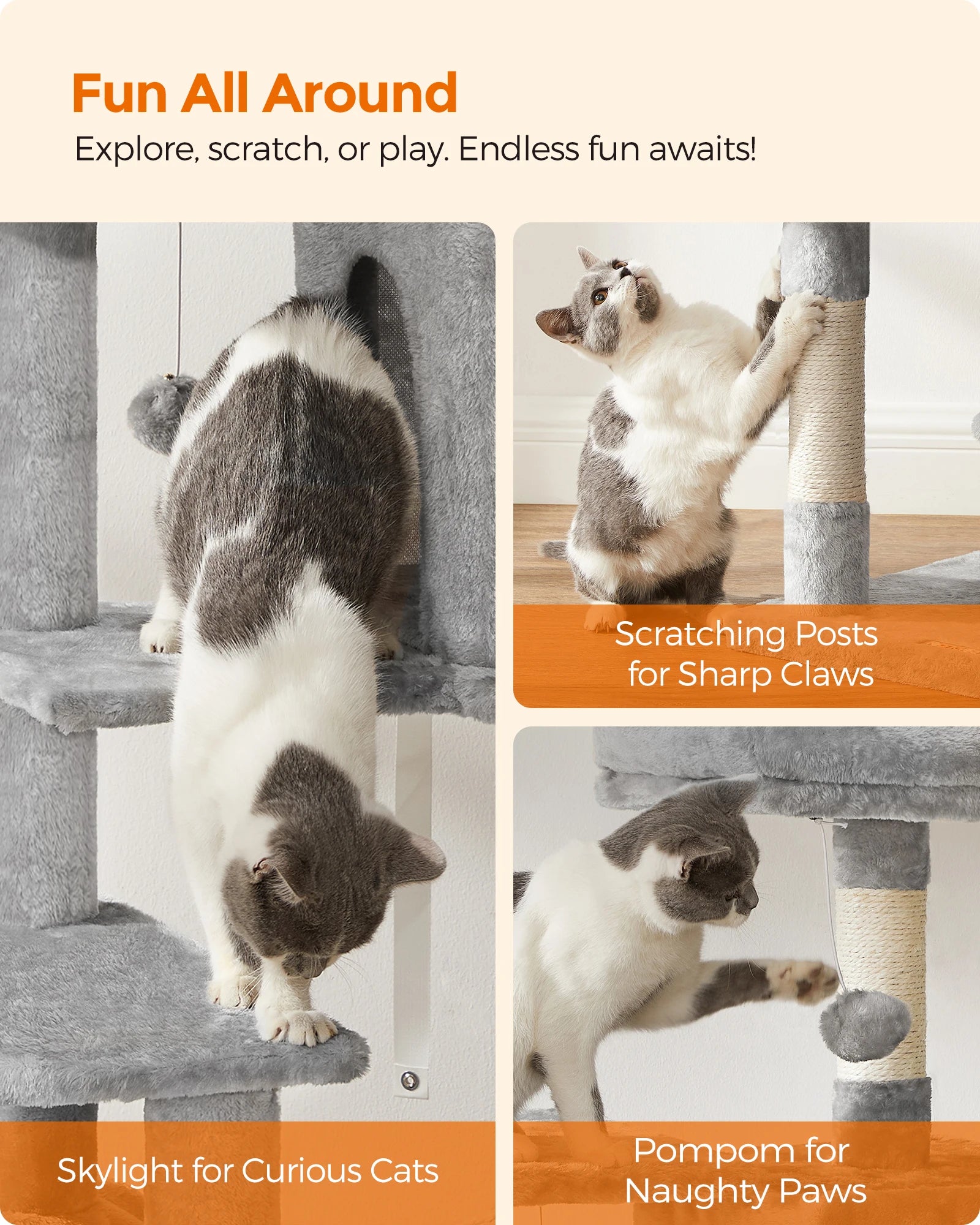 Cat Tree, 56.3-Inch Tower for Indoor Cats, Multi-Level Cat Condo with 4 Scratching Posts, 2 Perches, Hammock, Cave