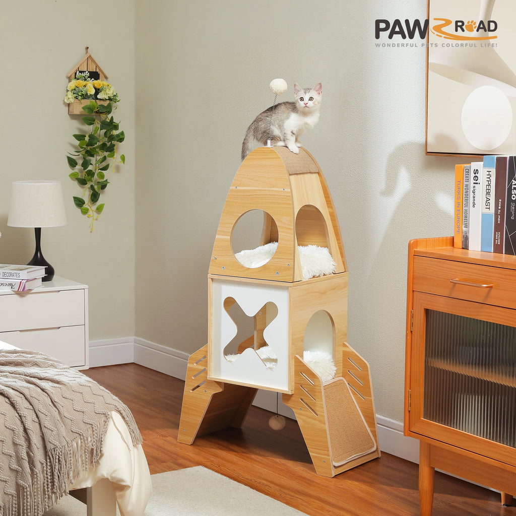 Modern Cat Tree Rocket Shape, Wooden Cat Tower Tree for Indoor Cats with Two Cat Playhouse and Two Condos Dangling Balls