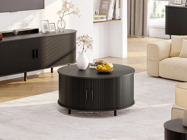 Round Coffee Table with Storage,31.5" Modern Coffee Table with 360° Curved Sliding Door,Fluted Wood Accent Coffee Tablee