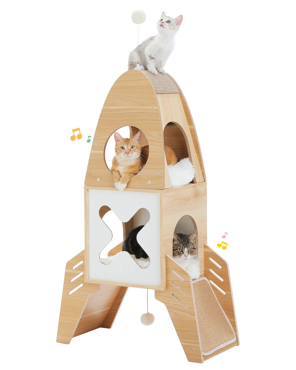 Modern Cat Tree Rocket Shape, Wooden Cat Tower Tree for Indoor Cats with Two Cat Playhouse and Two Condos Dangling Balls