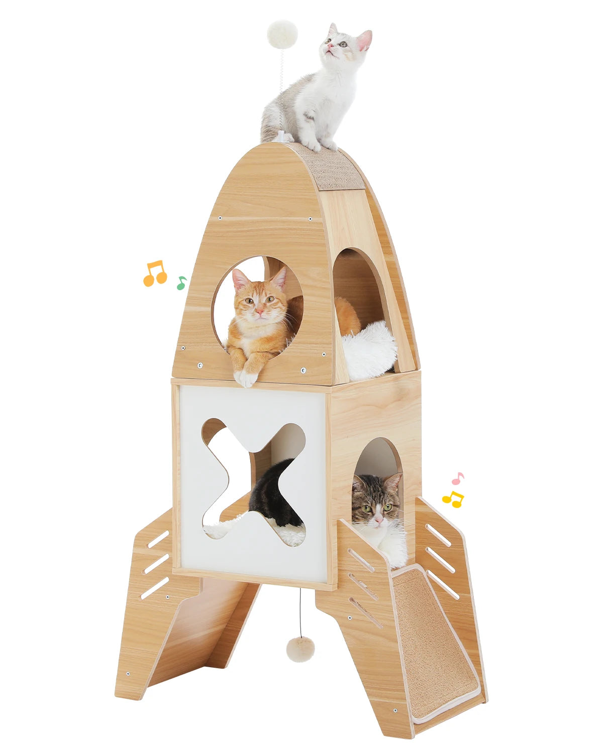 Modern Cat Tree Rocket Shape, Wooden Cat Tower Tree for Indoor Cats with Two Cat Playhouse and Two Condos Dangling Balls