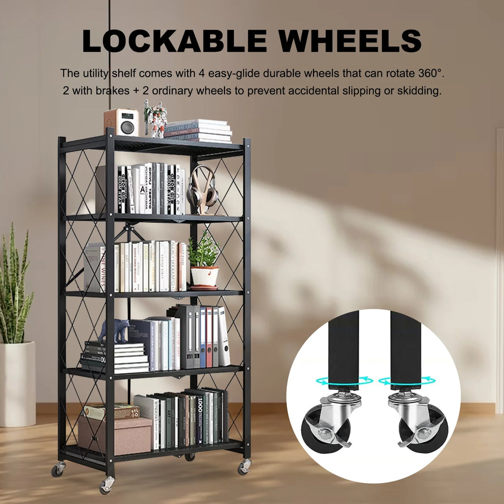 Storage Shelving 5-Tier With Wheel Unit Metal Shelf Adjustable Heavy Duty Foldable Organizer Rack for Home Kitchen Office Pantry