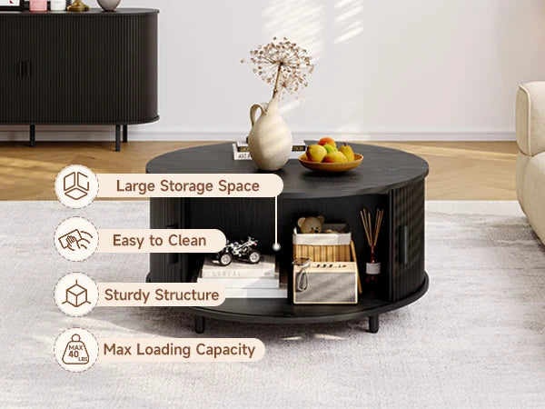 Round Coffee Table with Storage,31.5" Modern Coffee Table with 360° Curved Sliding Door,Fluted Wood Accent Coffee Tablee