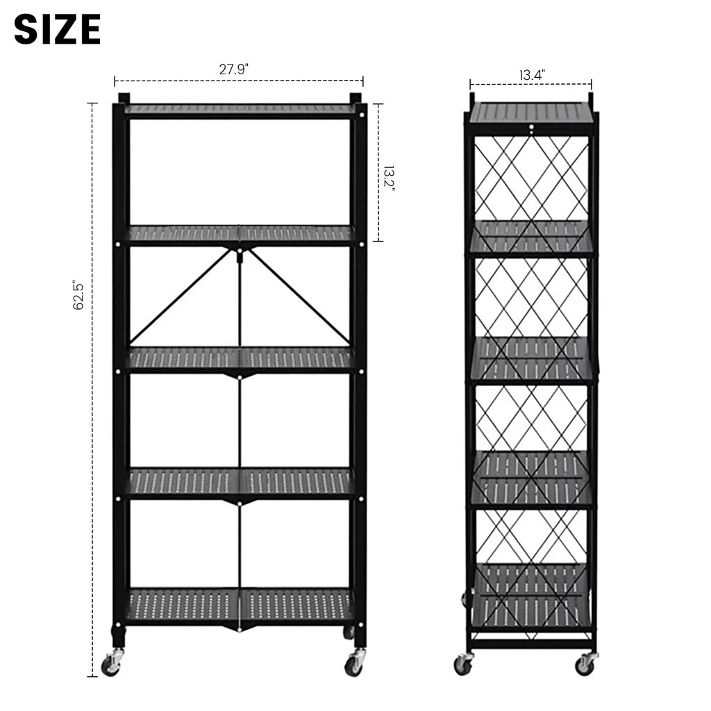 Storage Shelving 5-Tier With Wheel Unit Metal Shelf Adjustable Heavy Duty Foldable Organizer Rack for Home Kitchen Office Pantry