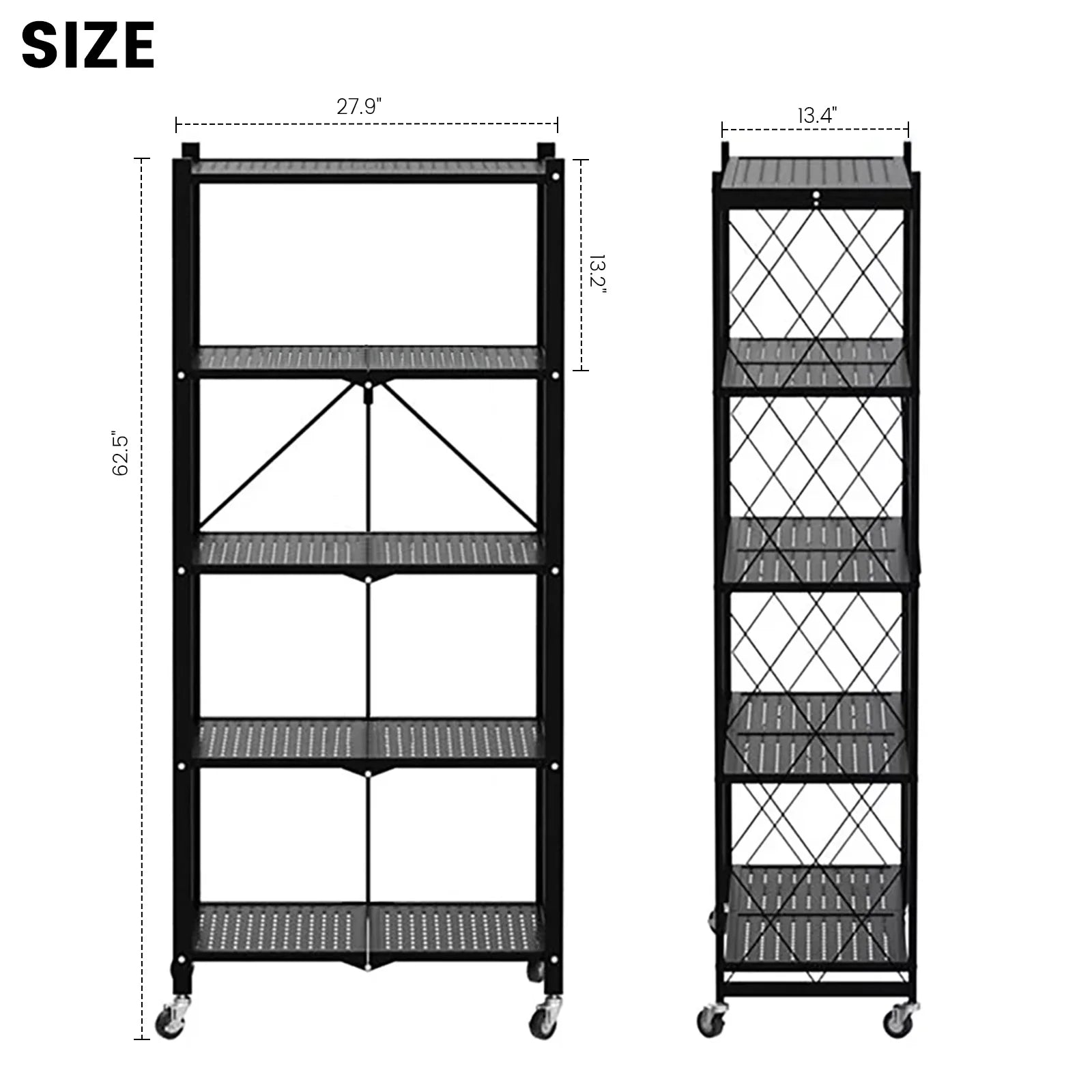 Storage Shelving 5-Tier With Wheel Unit Metal Shelf Adjustable Heavy Duty Foldable Organizer Rack for Home Kitchen Office Pantry