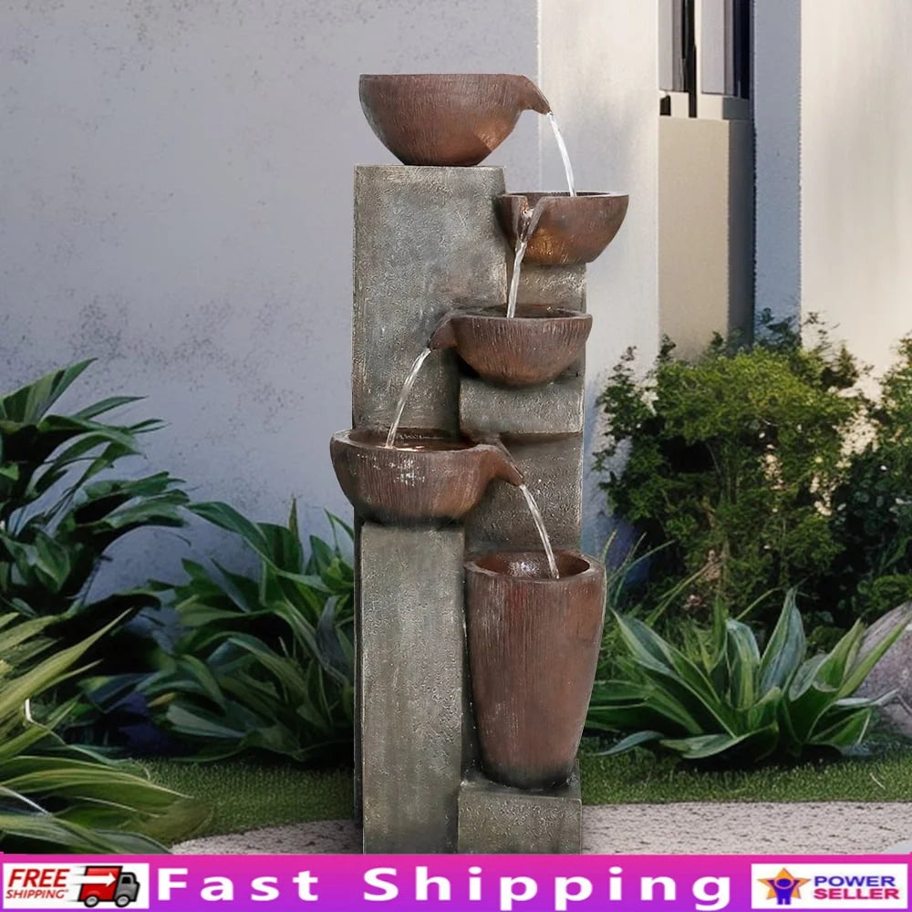 39.7in 5-tier stacked bowl water feature with LED lighting durable and relaxing outdoor decorative fountain for gardens patios.