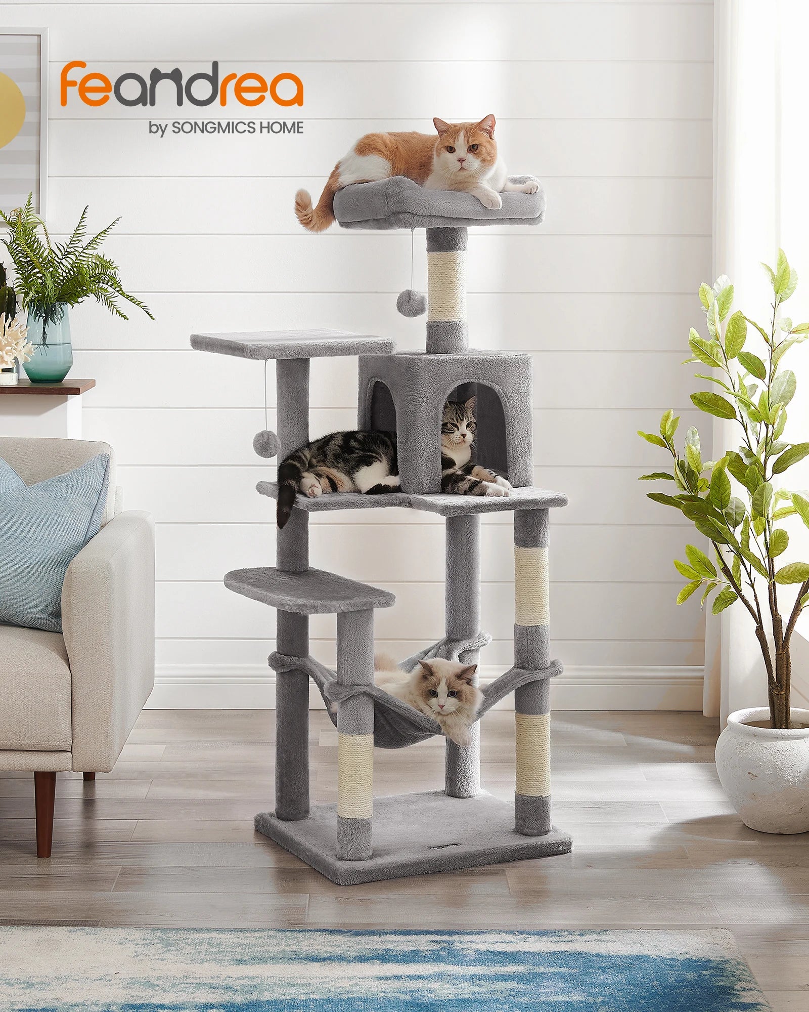Cat Tree, 56.3-Inch Tower for Indoor Cats, Multi-Level Cat Condo with 4 Scratching Posts, 2 Perches, Hammock, Cave