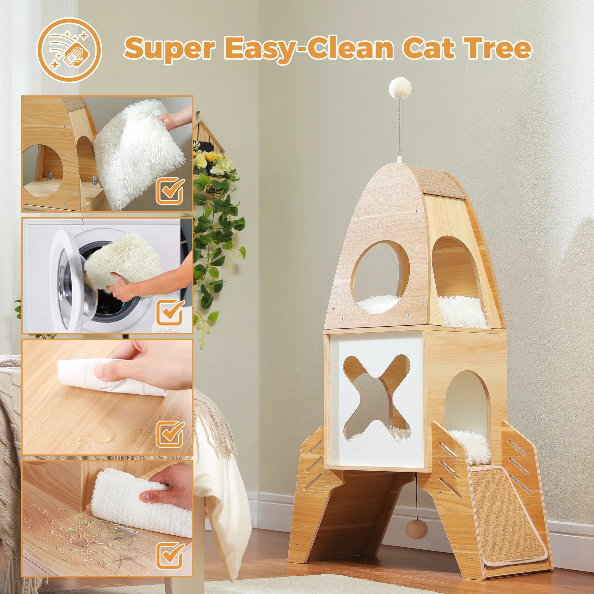 Modern Cat Tree Rocket Shape, Wooden Cat Tower Tree for Indoor Cats with Two Cat Playhouse and Two Condos Dangling Balls
