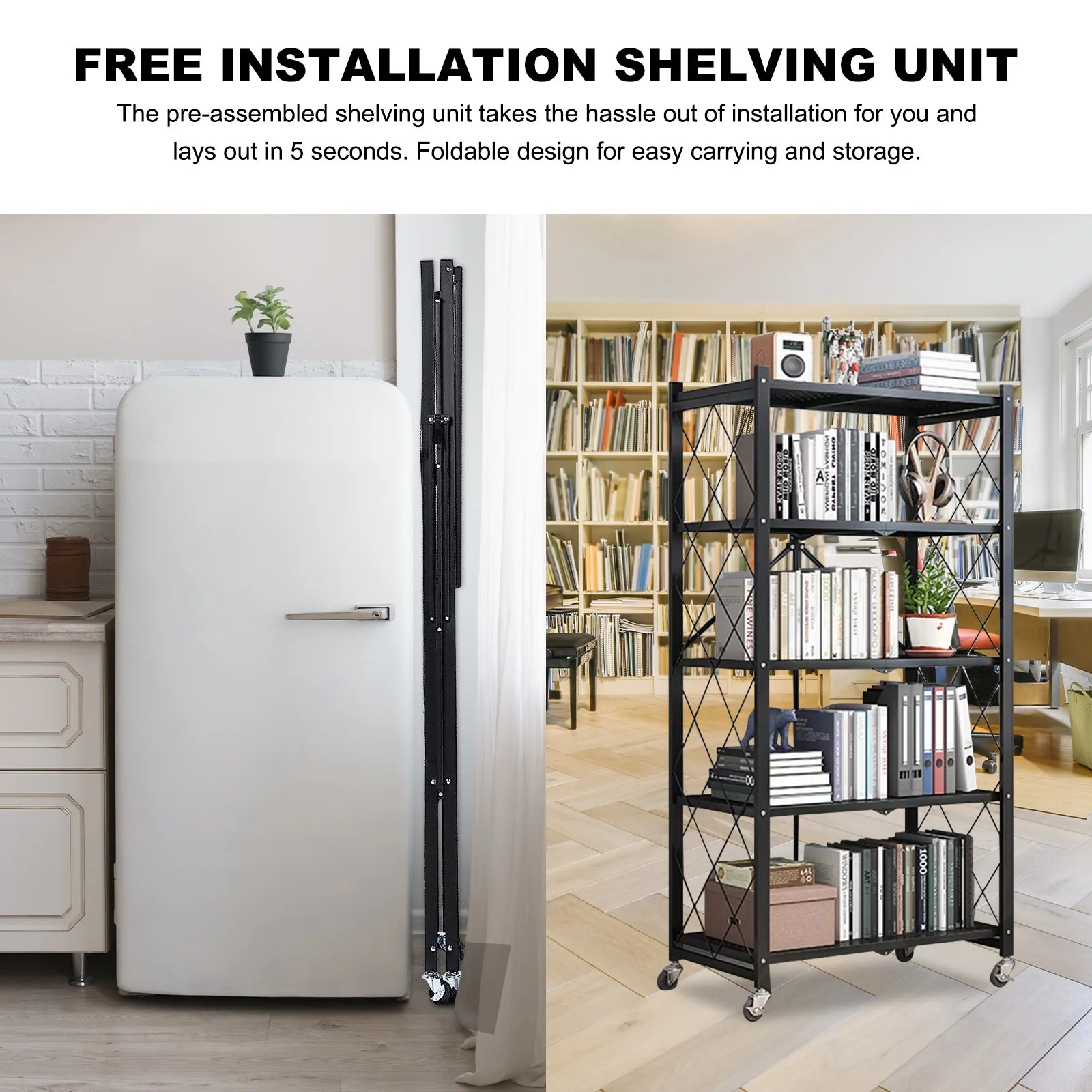 Storage Shelving 5-Tier With Wheel Unit Metal Shelf Adjustable Heavy Duty Foldable Organizer Rack for Home Kitchen Office Pantry