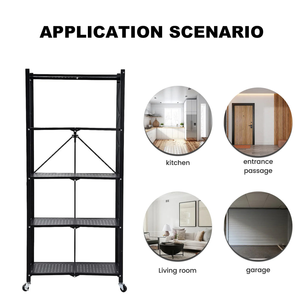 Storage Shelving 5-Tier With Wheel Unit Metal Shelf Adjustable Heavy Duty Foldable Organizer Rack for Home Kitchen Office Pantry