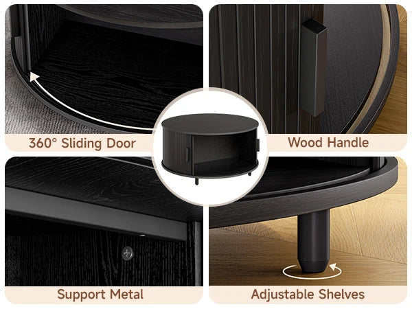 Round Coffee Table with Storage,31.5" Modern Coffee Table with 360° Curved Sliding Door,Fluted Wood Accent Coffee Tablee
