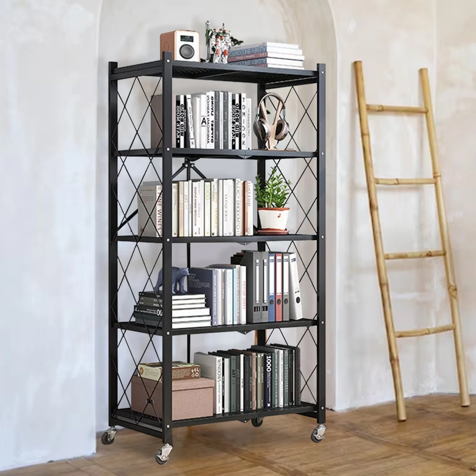 Storage Shelving 5-Tier With Wheel Unit Metal Shelf Adjustable Heavy Duty Foldable Organizer Rack for Home Kitchen Office Pantry