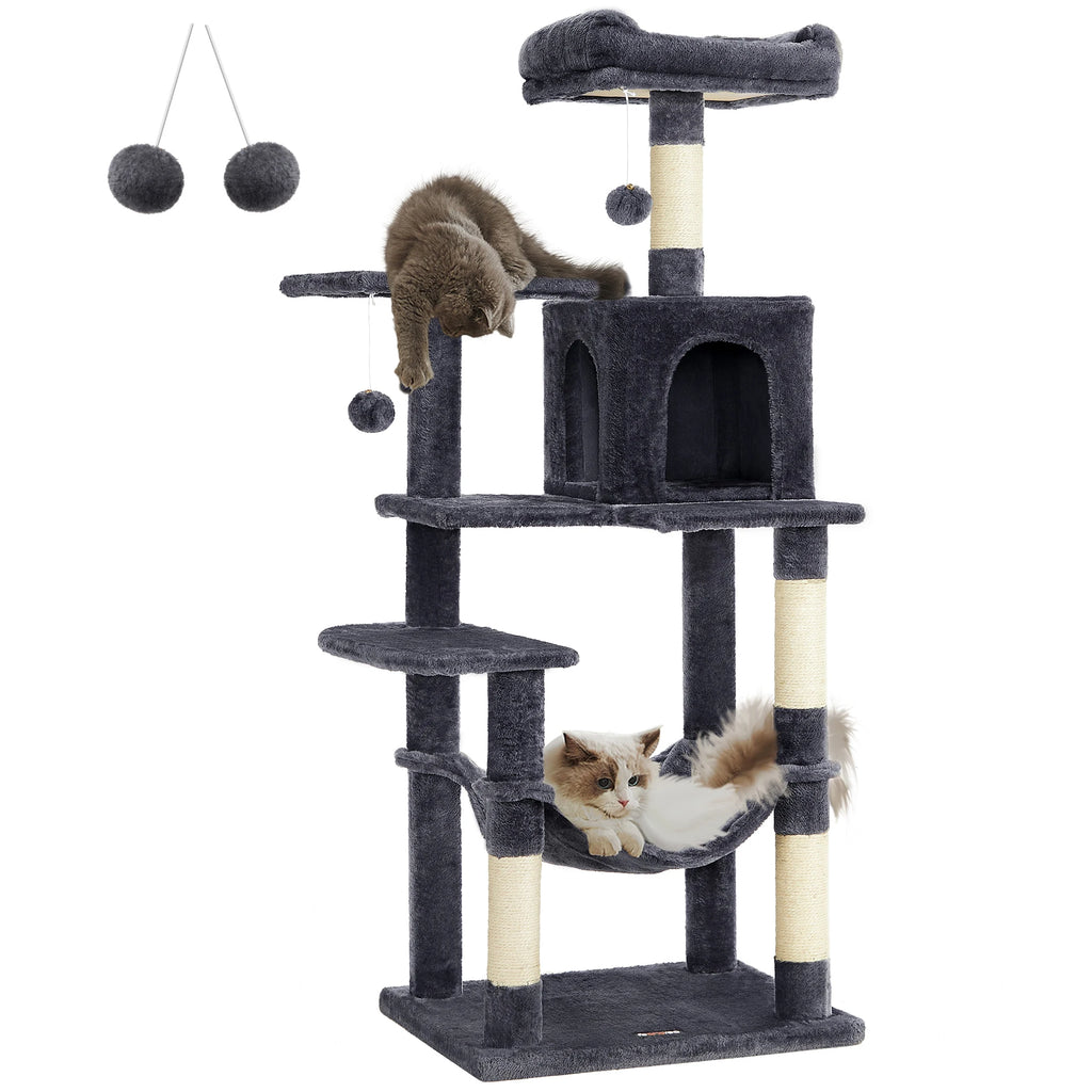 Cat Tree, 56.3-Inch Tower for Indoor Cats, Multi-Level Cat Condo with 4 Scratching Posts, 2 Perches, Hammock, Cave