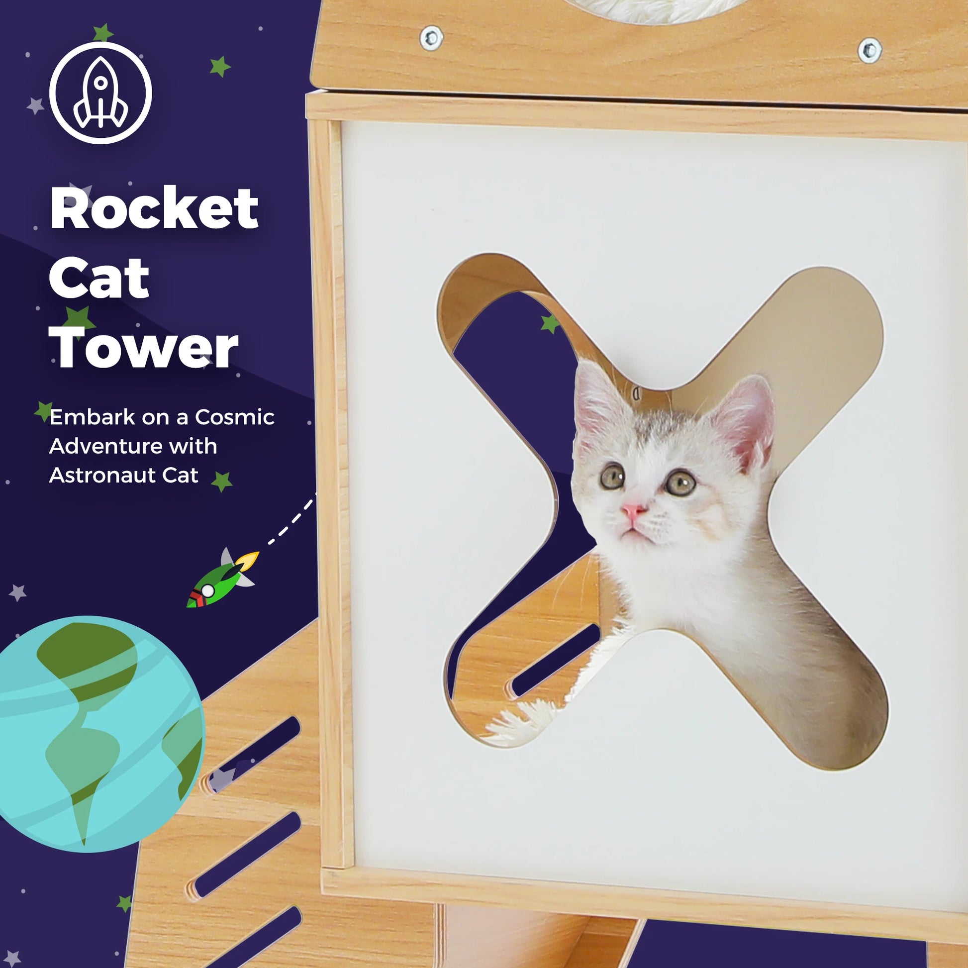 Modern Cat Tree Rocket Shape, Wooden Cat Tower Tree for Indoor Cats with Two Cat Playhouse and Two Condos Dangling Balls