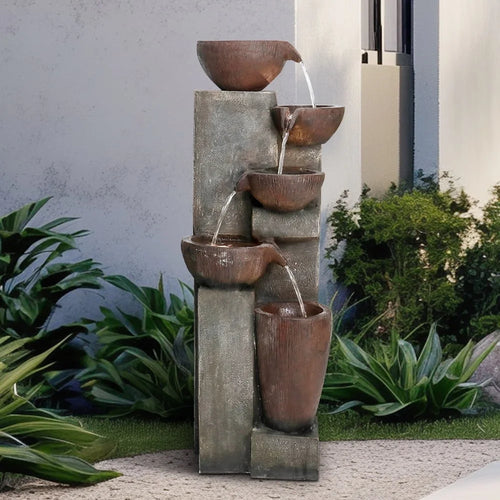 39.7in 5-tier stacked bowl water feature with LED lighting durable and relaxing outdoor decorative fountain for gardens patios.