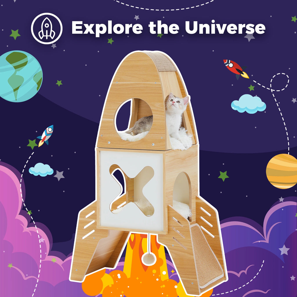 Modern Cat Tree Rocket Shape, Wooden Cat Tower Tree for Indoor Cats with Two Cat Playhouse and Two Condos Dangling Balls