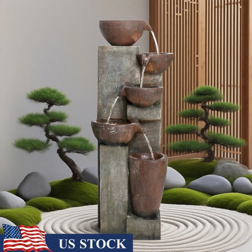 39.7in 5-tier stacked bowl water feature with LED lighting durable and relaxing outdoor decorative fountain for gardens patios.