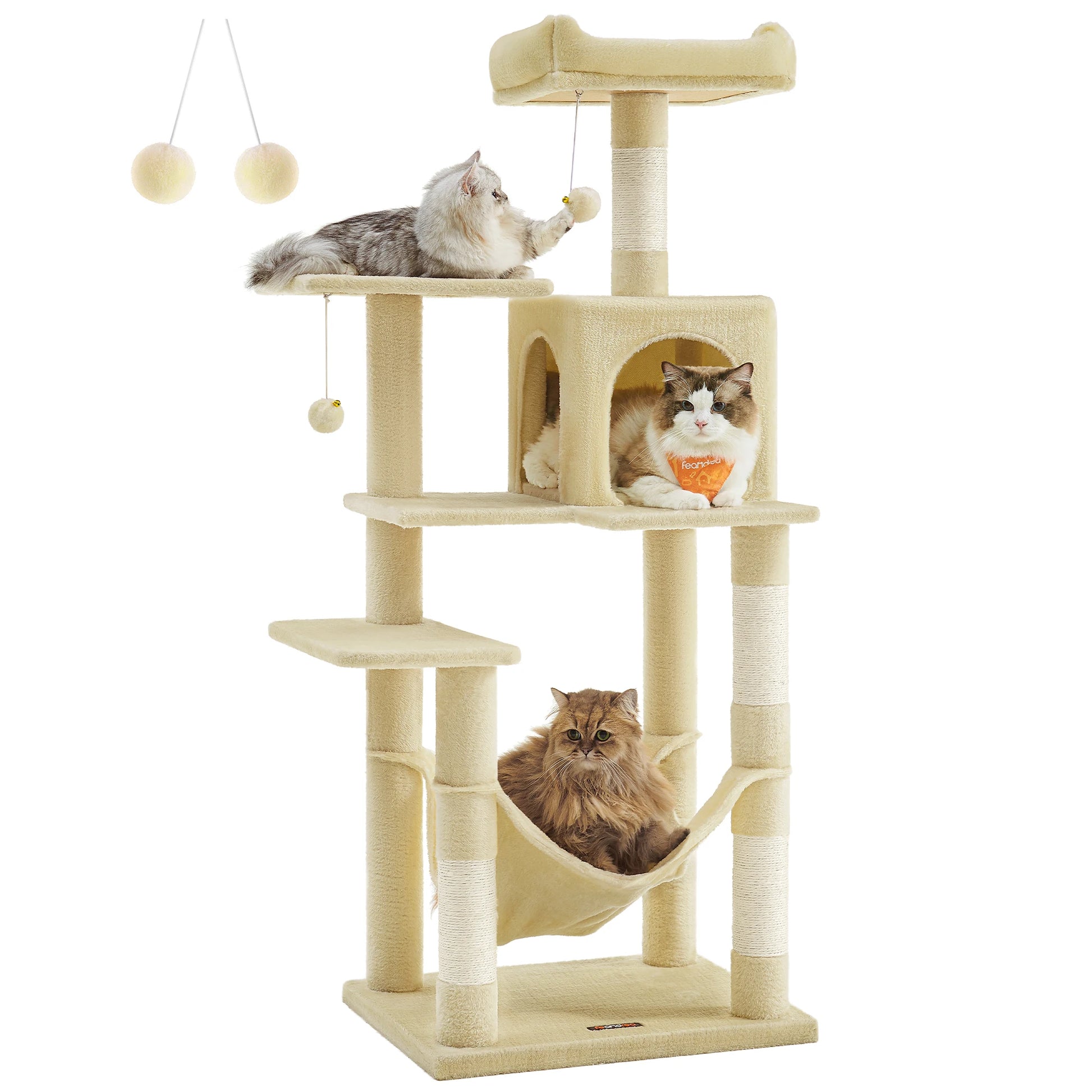 Cat Tree, 56.3-Inch Tower for Indoor Cats, Multi-Level Cat Condo with 4 Scratching Posts, 2 Perches, Hammock, Cave
