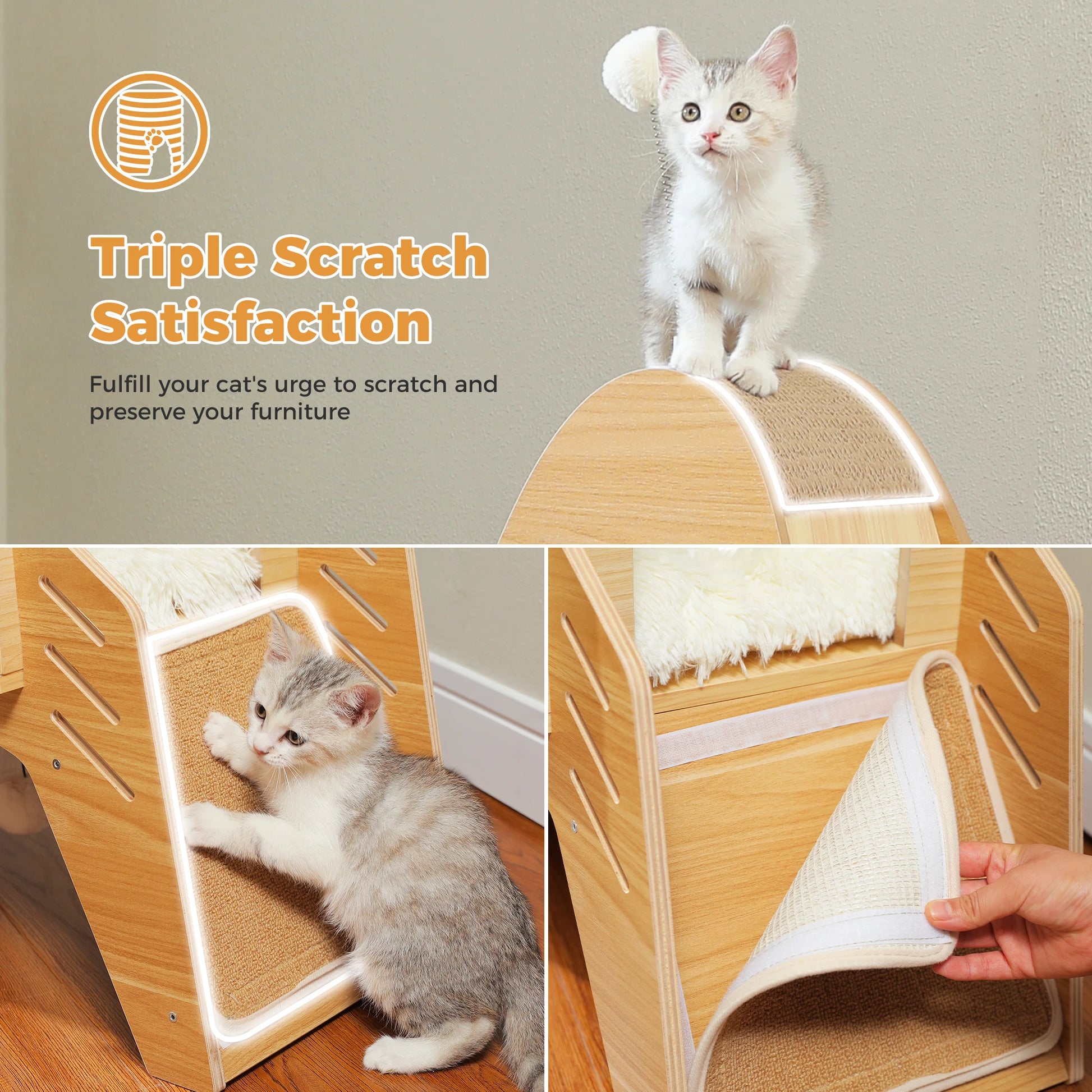 Modern Cat Tree Rocket Shape, Wooden Cat Tower Tree for Indoor Cats with Two Cat Playhouse and Two Condos Dangling Balls