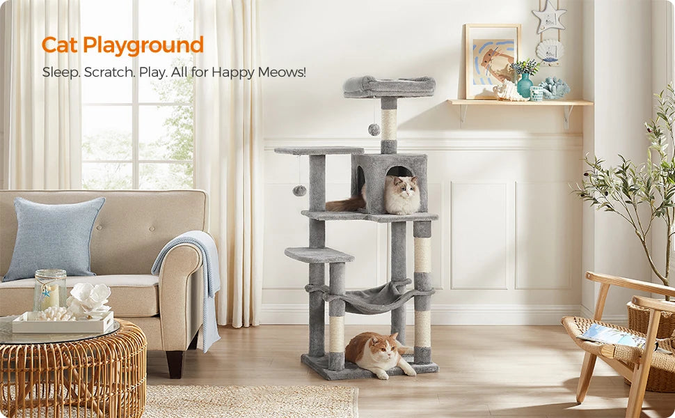 Cat Tree, 56.3-Inch Tower for Indoor Cats, Multi-Level Cat Condo with 4 Scratching Posts, 2 Perches, Hammock, Cave