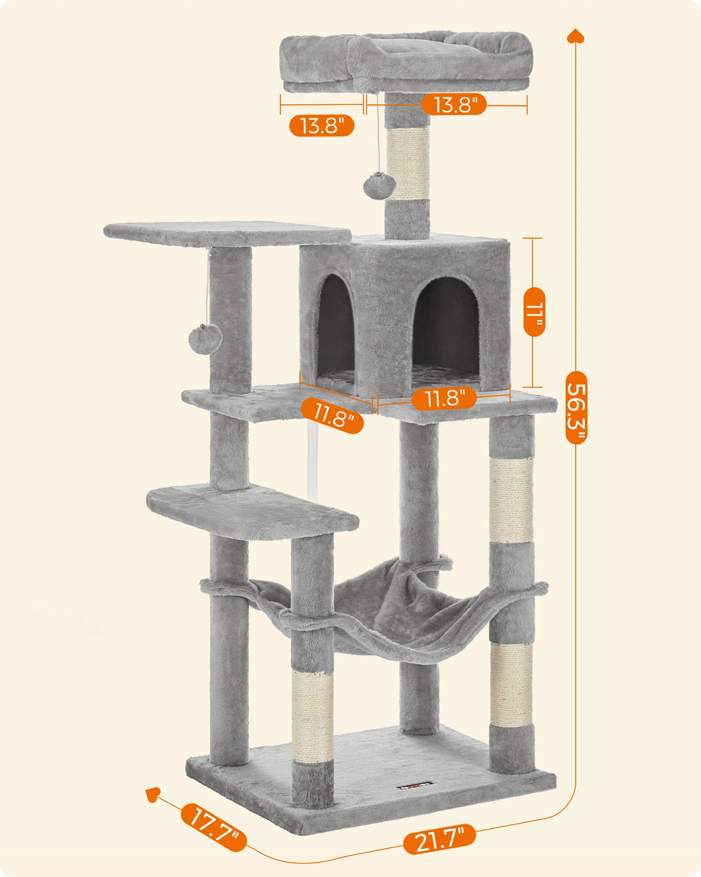 Cat Tree, 56.3-Inch Tower for Indoor Cats, Multi-Level Cat Condo with 4 Scratching Posts, 2 Perches, Hammock, Cave