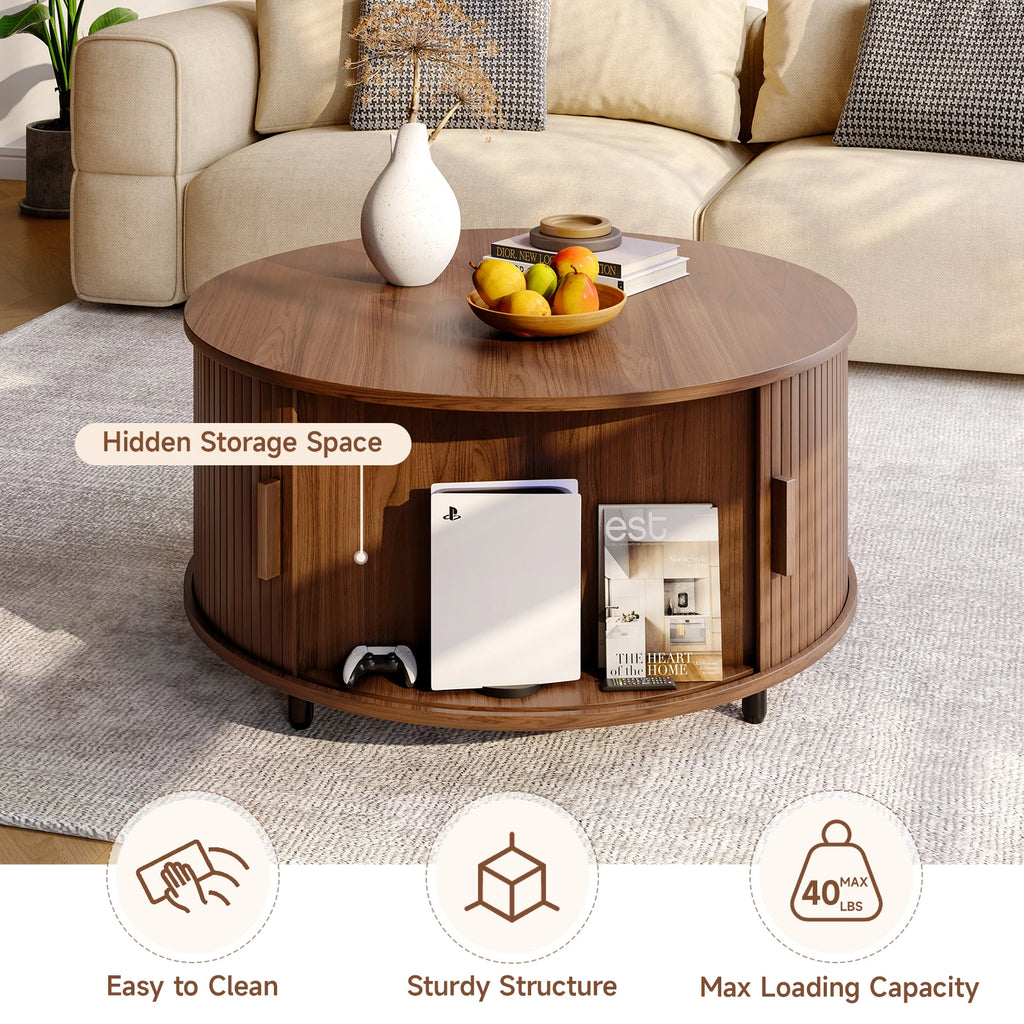Round Coffee Table with Storage,31.5" Modern Coffee Table with 360° Curved Sliding Door,Fluted Wood Accent Coffee Tablee