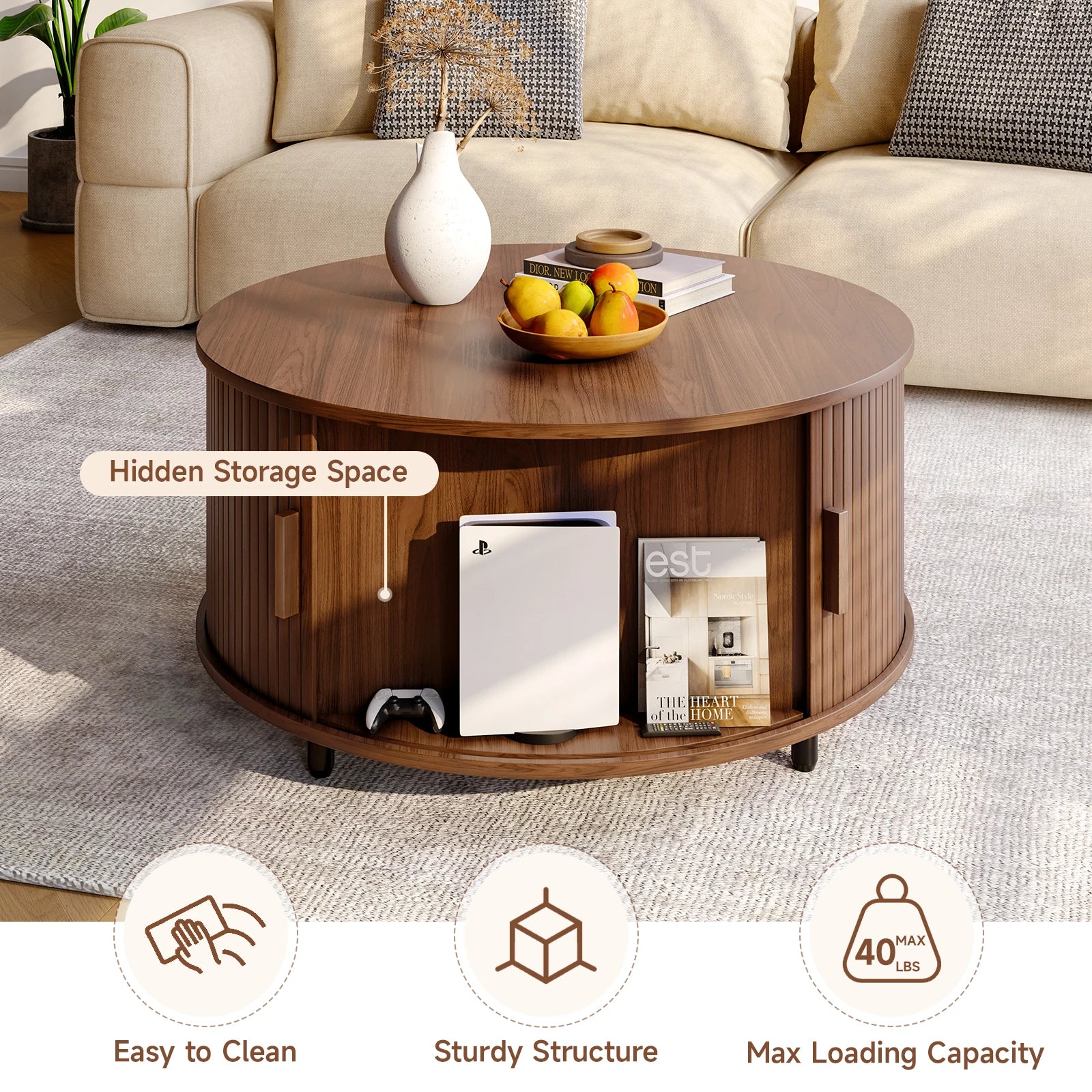 Round Coffee Table with Storage,31.5" Modern Coffee Table with 360° Curved Sliding Door,Fluted Wood Accent Coffee Tablee