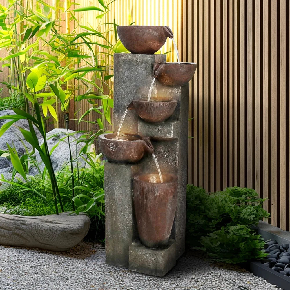 39.7in 5-tier stacked bowl water feature with LED lighting durable and relaxing outdoor decorative fountain for gardens patios.