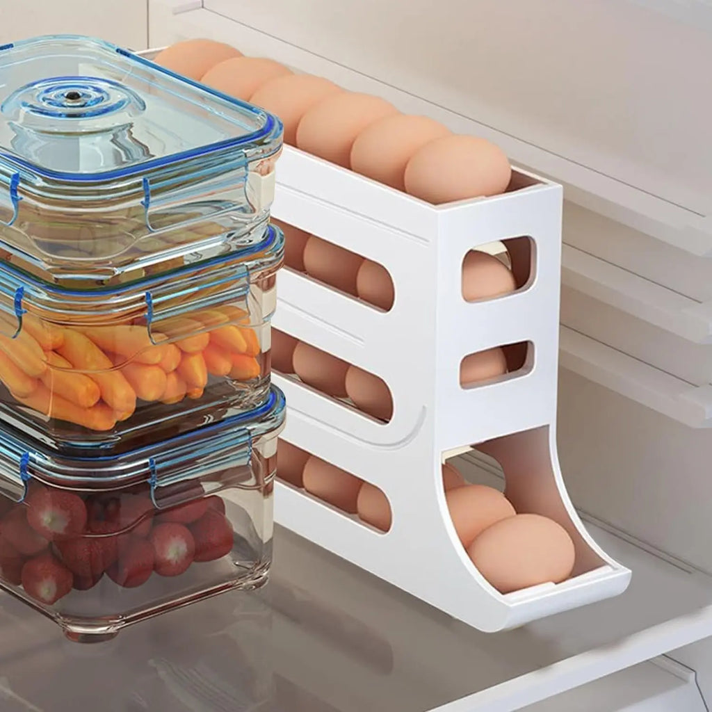 4 Tiers Egg Holder for Fridge， Automatic Egg Rolling Rack, 30 Eggs Storage Rack, Egg Distributor for Refrigerator, Egg Storage