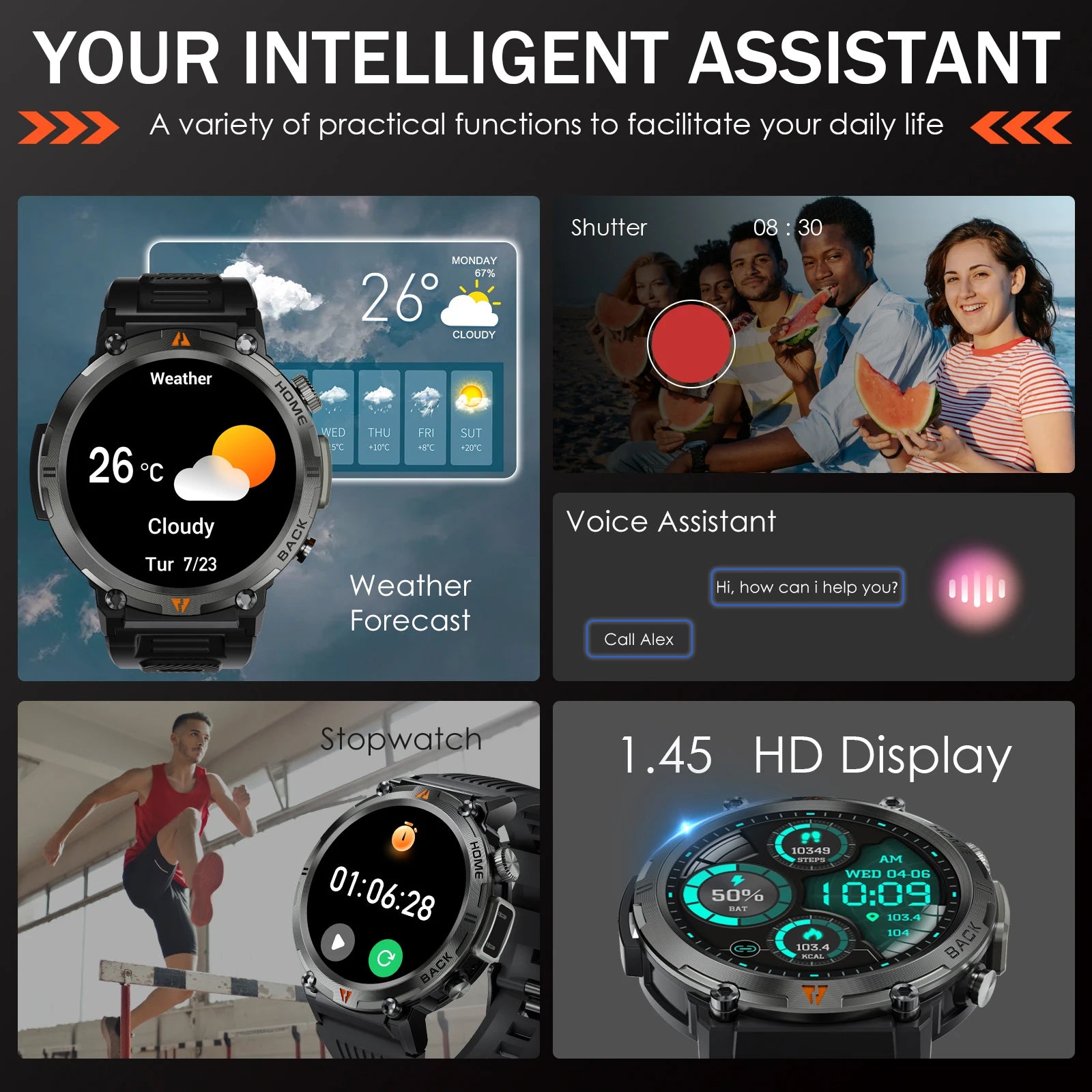 Bluetooth smartwatch for men Full Touch Screen With Health Monitor heart rate Flashlight Smart watch